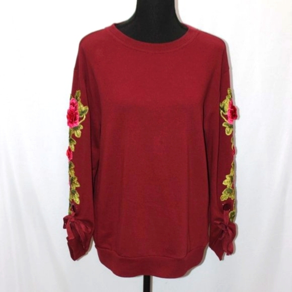 Hannah Tops - Hannah Burgundy Sweatshirt with Embroidery Floral Sleeves